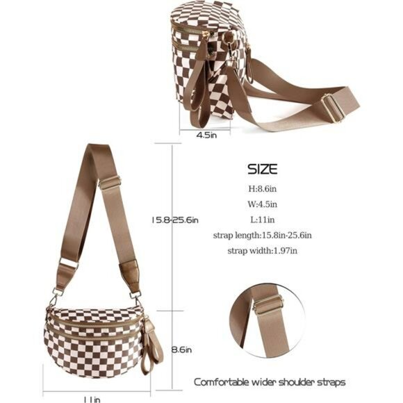 Checkered Crossbody Bag Nylon Bum Bag Plus Size Adjustable Strap Handbag - Picture 4 of 7